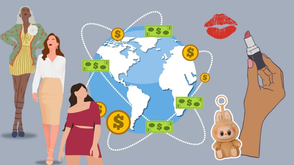 Graphic illustration of the "Lipstick and Hemline Effect" including Labubu