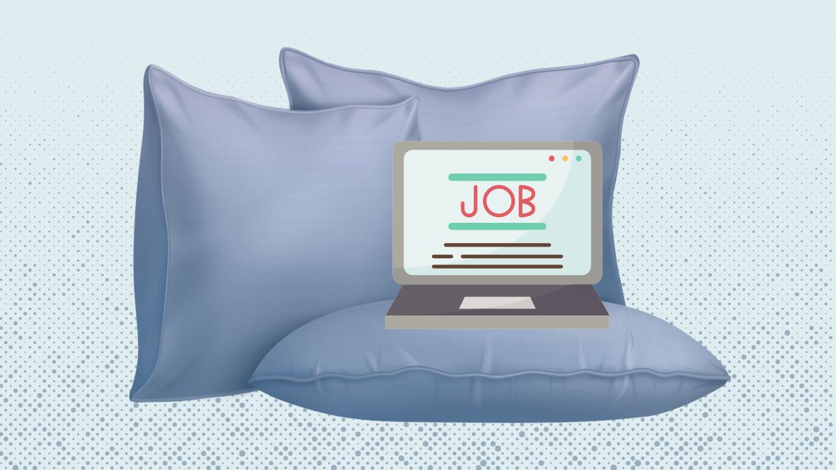 Graphic illustration of a laptop positioned on top of a pillow and surrounded by pillows