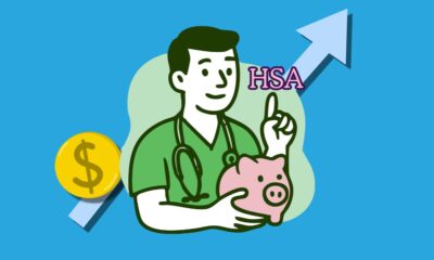 Graphic of male medical worker holding a piggy bank pointing to the words HSA