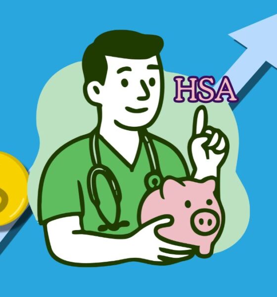 Graphic of male medical worker holding a piggy bank pointing to the words HSA